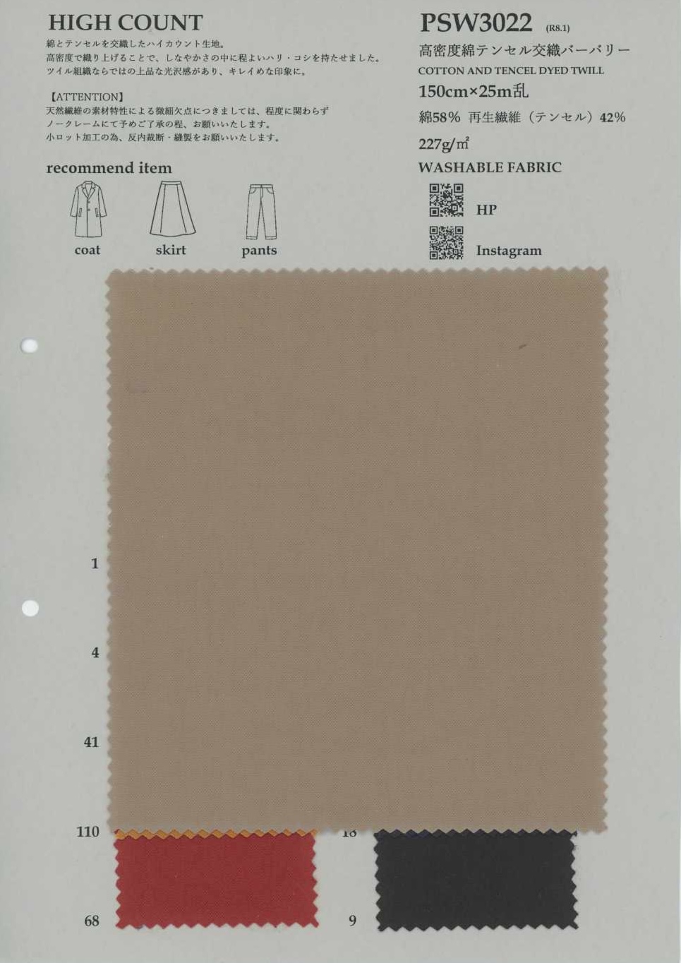 PSW3022 Mezcla de algodón y Tencel de alta densidad Burberry[Textil / Tela] KOYAMA