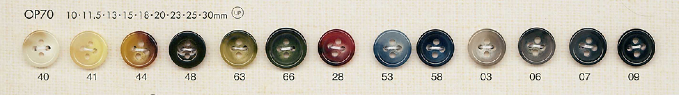 OP70 Elegante botón de poliéster estilo carey de cuatro agujeros