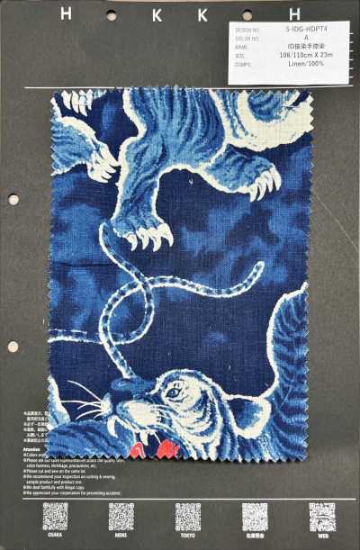 5-IDG-HDPT4 Lino con estampado de tigre serigrafiado a mano con descarga índigo