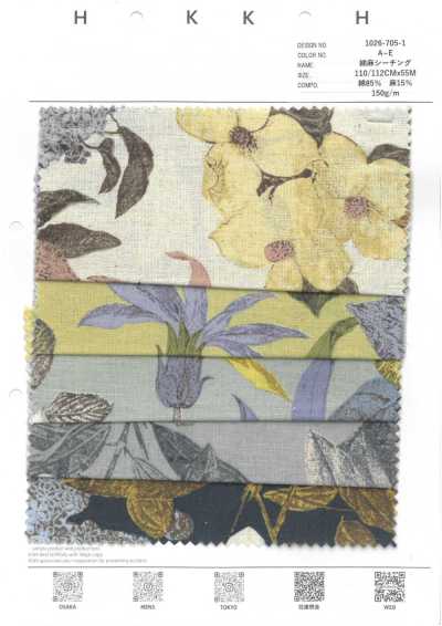 1026-705-1 Tela cruda de algodón y lino con flores grabadas