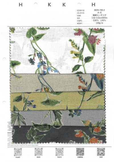 8026-790-2 Tela cruda de algodón y lino con flores dibujadas a mano