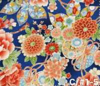 850628 Batista floral con patrón japonés dorado, peonía, crisantemo, malvarrosa y tambor[Textiles / Telas] VANCET Más fotos