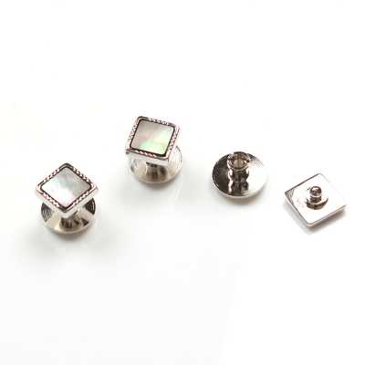 P-2 Botón tachuela de plata pura, nácar negro, forma cuadrada plateada