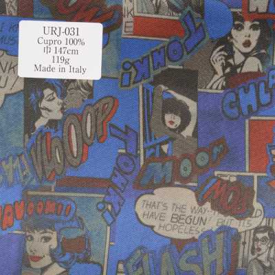 URJ-031 Forro estampado 100% cupro hecho en Italia con patrón cómic de base azul