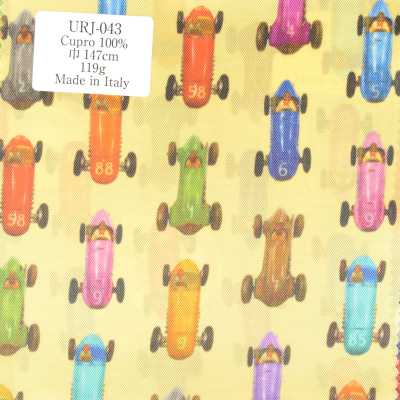 URJ-043 Forro estampado de cupro 100% Hecho en Italia, estampado de coches clásicos amarillos