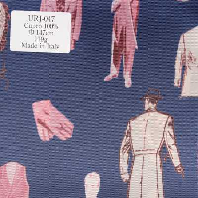 URJ-047 Hecho en Italia Forro estampado de cupro 100%, motivo Gentleman azul