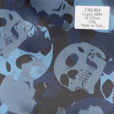 URJ-054 Forro estampado de Cupro 100% fabricado en Italia con un patrón de esqueletos en tonos azules