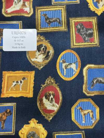 URJ-078 Hecho en Italia Forro estampado 100% cupro Perro enmarcado azul marino