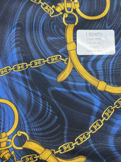 URJ-079 Hecho en Italia Forro estampado de Cupro 100% con patrón de cadenas azul