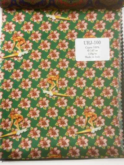 URJ-100 Forro estampado de Cupro 100% fabricado en Italia, motivo floral, verde