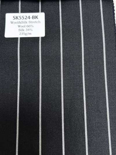 SK5524-BK Rayas negras de seda y lana elástica, estándar, hecho en Japón