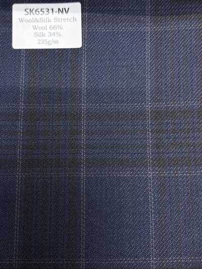 SK6531-NV Hecho en Japón, mezcla elástica de seda y lana, cuadro azul marino
