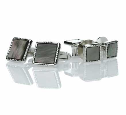 P-2 Conjunto de gemelos y botones de pechera de plata de ley, nácar negro, cuadrado plateado