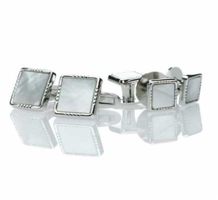 P-3 Conjunto formal de gemelos y botones de plata pura Nácar blanco Cuadrado plateado