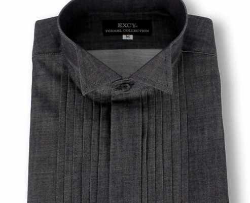 ST-509D Camisa plisada de denim de algodón Pima con cuello ala, super slim